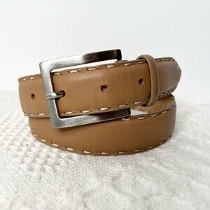 Berge Tan Leather Belt White Topstitch Silver Buckle Western Boho